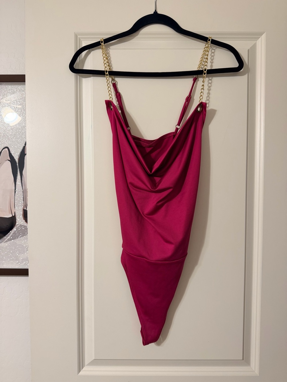 Guess Fuchsia Strapless Draped Bodysuit Dress with Gold Chain Straps